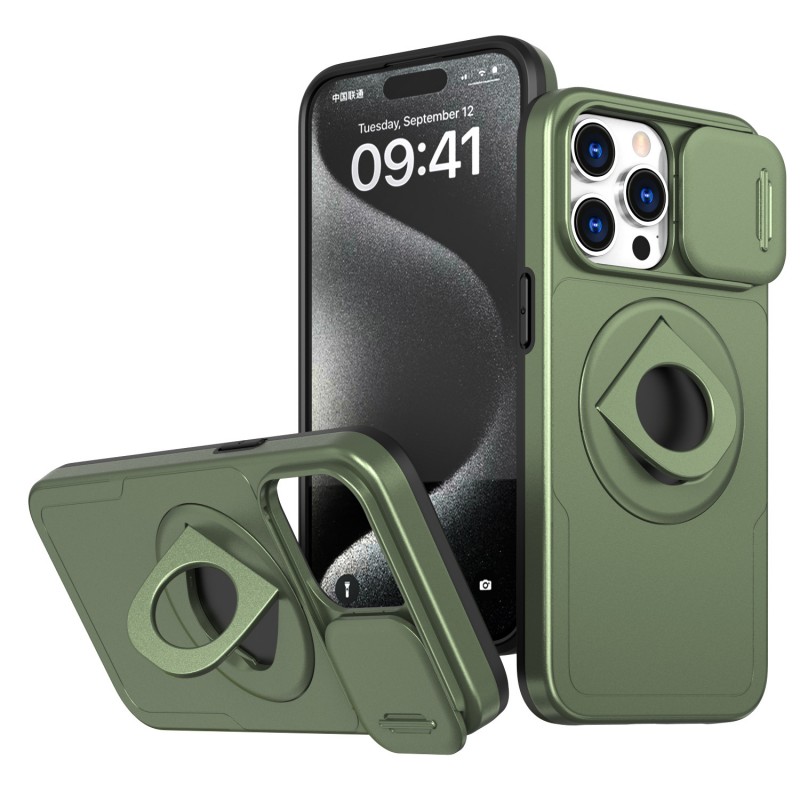 Heavy Duty Magnetic Suction iphone Case with Rotating Stand and Lens Push Window Protection 